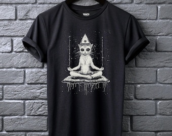 Camiseta de gato meditando en el espacio, camisa felina cósmica, ropa alternativa para hombres, punk ocultista.