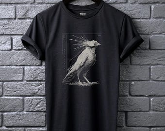 Graphic T-Shirt Black Crow Surveillance Design, Cyberpunk Nature-Machine Artwork, Men’s Streetwear Tee