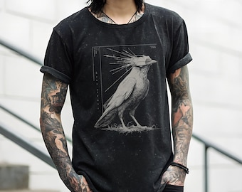 Goth Graphic T-Shirt Eye in the Sky Surveillance Crow, Cyberpunk Etching, Heavyweight Distressed Acid-Washed, Unisex Vintage Black Wrait