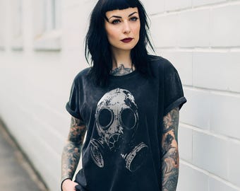 Gas Mask Dystopian Tee Edge Frayed Vintage Washed T-Shirt 250 GSM Heavyweight Distressed Future Goth Punk Aesthetic