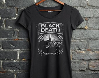 Camiseta Black Death Tour con diseño de rata de la plaga, ropa alternativa para mujer, estilo punk oscuro e histórico.