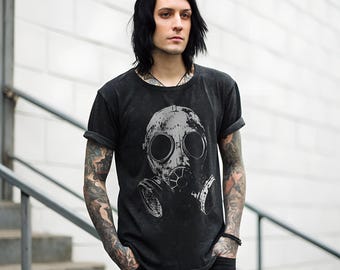 Gas Mask Dystopian Tee Edge Frayed Vintage Washed T-Shirt 250 GSM Heavyweight Distressed Future Goth Punk Aesthetic