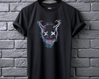 Cyber Demon Glitch Tee Horned Skull Shirt Alt Clothing for Men Digital Punk Horror Glitchcore Clothing