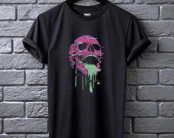 Acid Skull Tee Glitched Neon Horror Shirt Alt Clothing for Men Toxic Punk Aesthetic