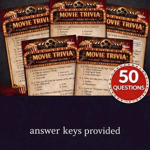 May include: Movie Trivia game set with multiple cards featuring questions about classic cinema. The cards have a red and gold design with popcorn and film reel graphics. A circular badge indicates 50 questions are included. Answer keys are provided.