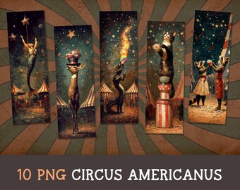 signets PNG de cirque vintage, 10 PNG, téléchargement numérique, feuille de découpe, création de marque-page en papier, art du carnaval, fichiers à usage commercial, bricolage