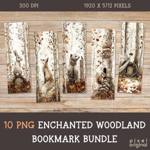 May include: Set of 10 digital printable bookmarks featuring woodland animals in a whimsical forest setting. The bookmarks feature a rabbit, fox, bear, squirrel, and other woodland creatures. The bookmarks are perfect for adding a touch of nature to your reading experience.