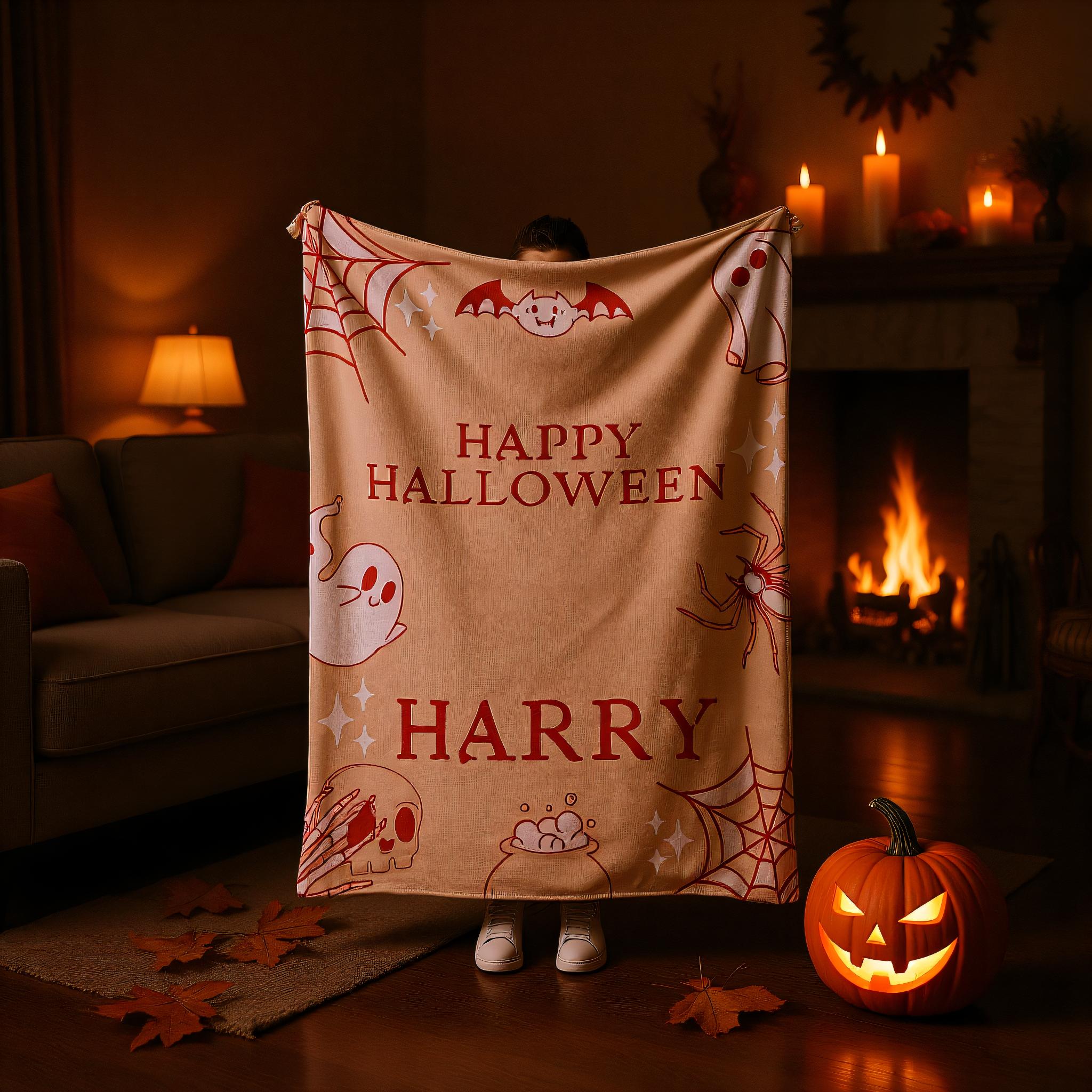 Custom Name Halloween Blanket – Soft Cozy Throw, Spooky Personalized Gift for Kids or Baby, Pumpkin Ghost Design