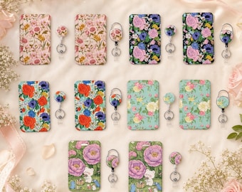 Plastic ID Card Holder, Teacher Lanyard, Floral Gift Card Holder with easy-to-pull buckle