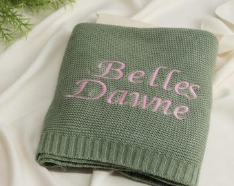Personalized Embroidered Cotton Knit Blanket: Custom Baby Name Throw