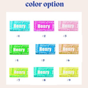 Nine personalized beach towels with the name Henry in various fonts are shown in different colors. Custom name towel color options include blue, pink, green, yellow, and orange. Great for pool, swim, or summer trips.