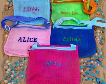 Personalized Seashell Zipper Mesh Back Pack Tote, Embroidered Beach Bag, Monogrammed Backpack Sea Shell Bags,Summer Pool Accessories