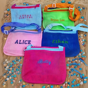 Sac à dos personnalisé en coquillage avec fermeture éclair en maille, Sac de plage brodé, Sacs à dos monogrammés en coquillages, Accessoires de piscine d'été