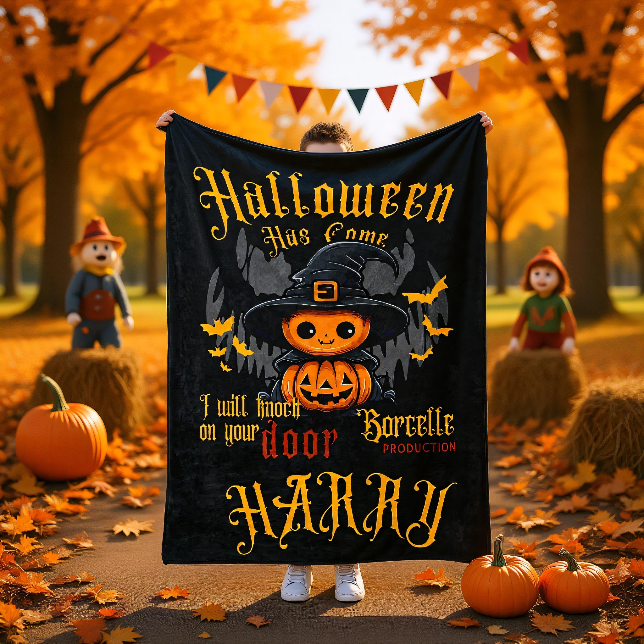 Custom Name Halloween Blanket – Soft Cozy Throw, Spooky Personalized Gift for Kids or Baby, Pumpkin Ghost Design