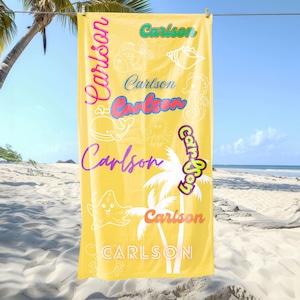 Custom Name Beach Towel – Palm Tree Starfish Design for Teen Girls, Vacation & Birthday Gift