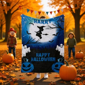 Custom Fall Blanket with Name – Halloween Themed Personalized Throw, Soft Cozy Quilt for Baby, Toddler or Child