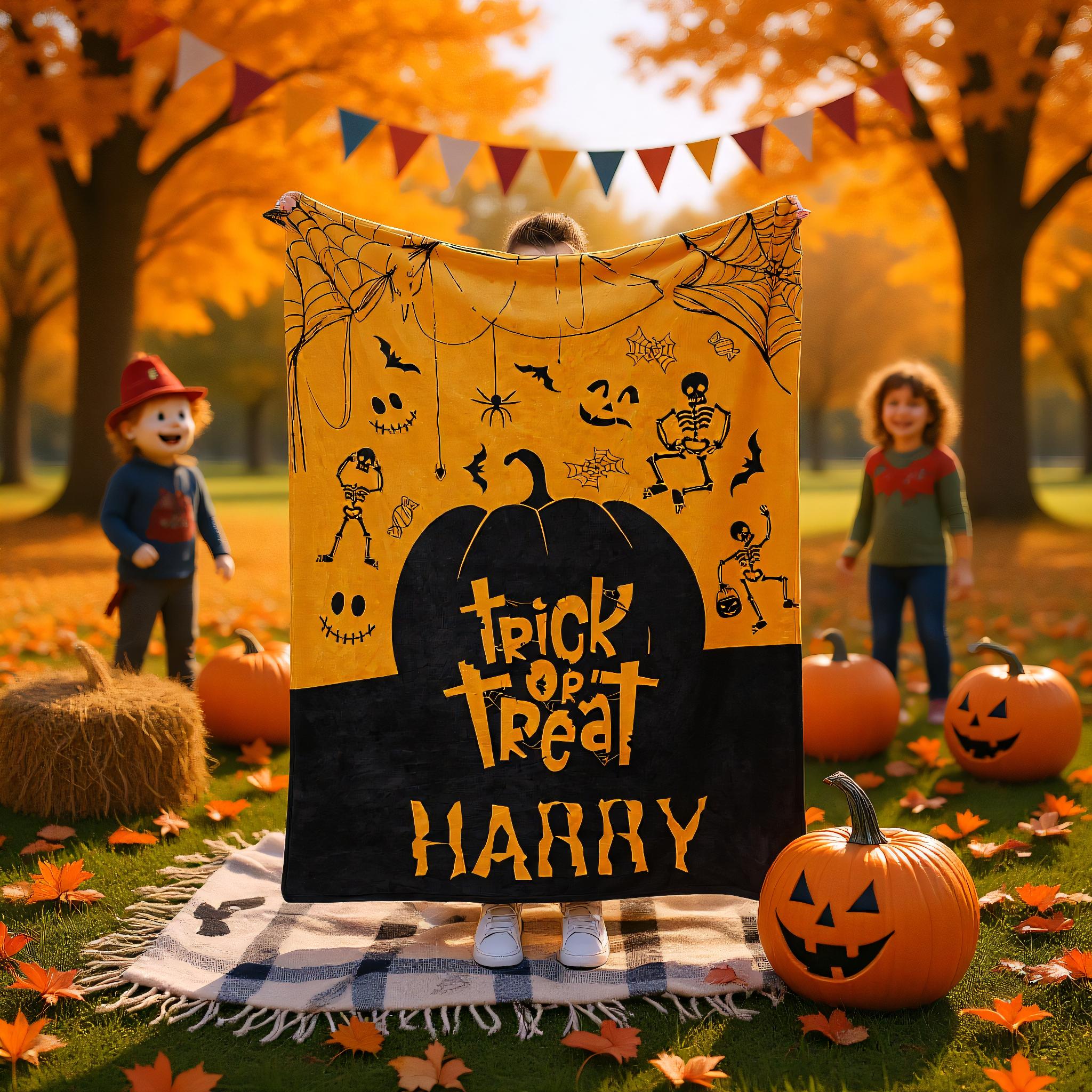 Custom Name Halloween Blanket – Soft Cozy Throw, Spooky Personalized Gift for Kids or Baby, Pumpkin Ghost Design