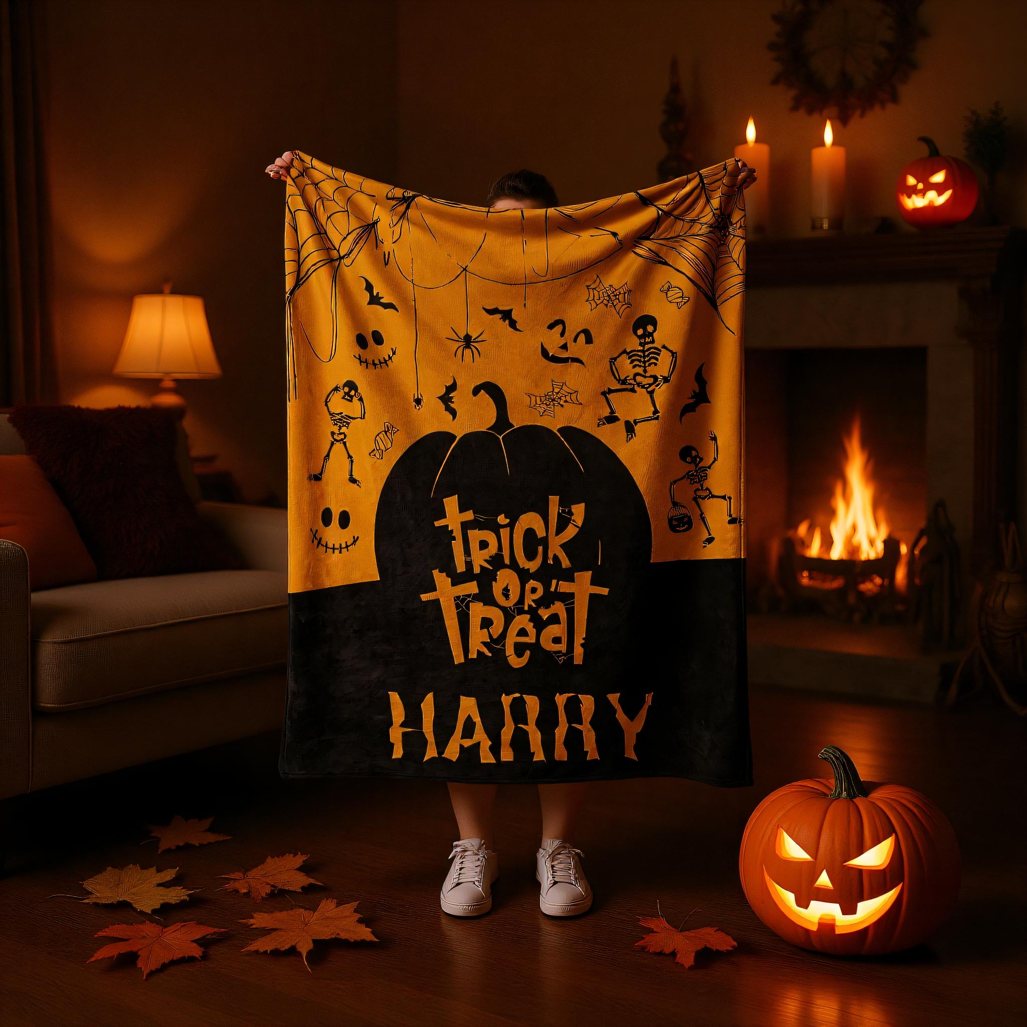 Custom Name Halloween Blanket – Soft Cozy Throw, Spooky Personalized Gift for Kids or Baby, Pumpkin Ghost Design
