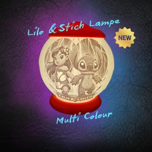 May include: A decorative lamp featuring Lilo and Stitch characters. The lamp has a red base and top, with a spherical, illuminated center. The characters are etched inside the sphere. The text "Lilo & Stich Lampe" and "Multi Colour" are visible.