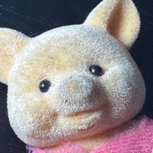 May include: Close-up of a vintage toy pig with a fuzzy, light beige head and ears. The pig has small black eyes and a pink sweater. The toy is set against a dark background.