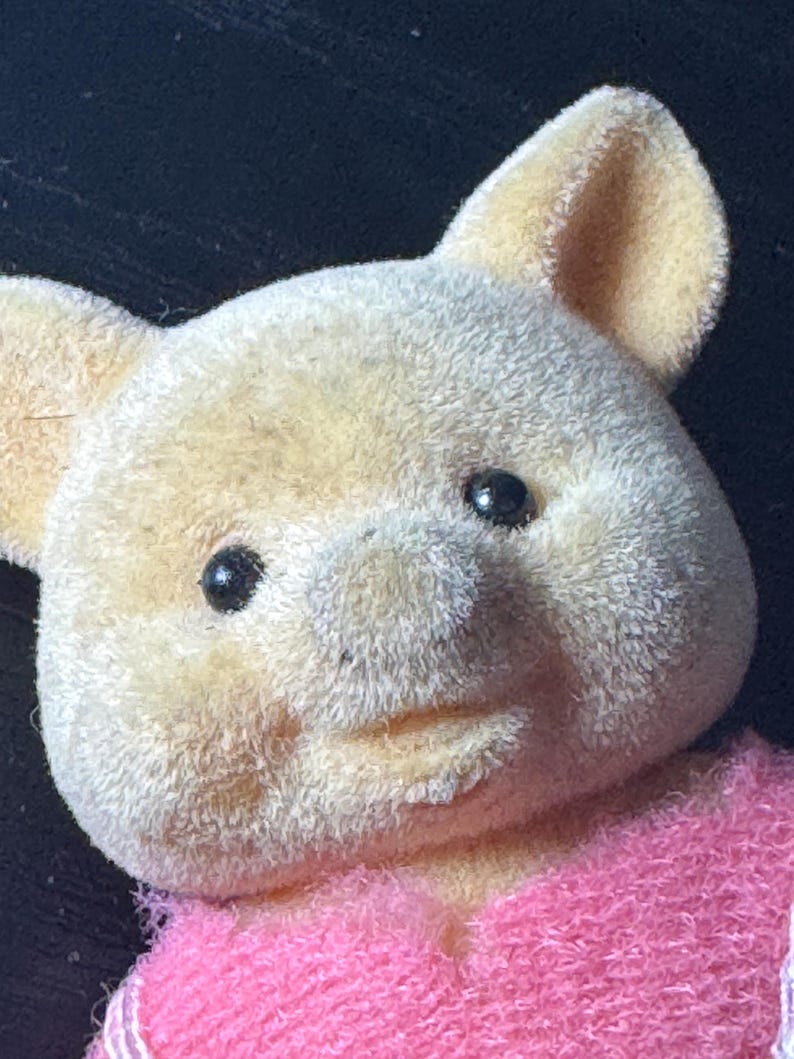 May include: Close-up of a vintage toy pig with a fuzzy, light beige head and ears. The pig has small black eyes and a pink sweater. The toy is set against a dark background.