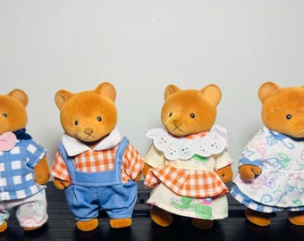 BUNDLE - Lot of FOUR - Vintage Sylvanian Brown Bear Family - 1980/90s - Original outfits, Collectible pre Calico Critters era - Authentic