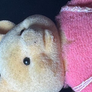 May include: Close-up of a vintage teddy bear's head and part of its pink blanket. The bear has a light brown, textured fur with black eyes and a small ear. The blanket is a bright pink with a white trim.