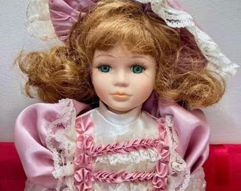 Vintage Porcelain Doll w/ original box & stand - Angelina Visconti Collection - Pink and White Dress, Bows, Matching Hat
