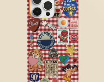 Plaid vintage red picnic coquette aesthetic case with chic patches and cute sticker designs magsafe iPhone case 16,15,14,13