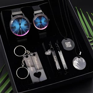 Armbanduhr Schwarz Magnet Paar Uhr gesetzt und personalisierte Halskette & Schlüsselbund, Armband Set.