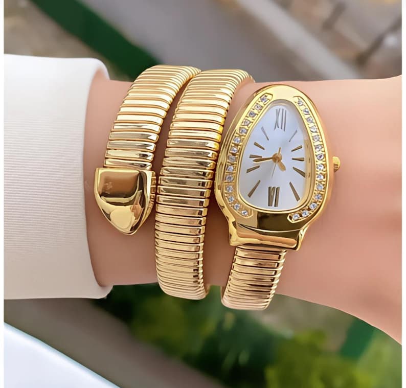 Gold Color Snake Watch, Winding Watch, Women's Wrist watch Gold Watch, Wrist Watches for Women,Valentines Day Gift, Present for Her image 1