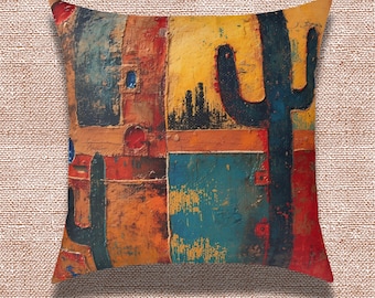 Cojín cuadrado de lona con temática de cactus del suroeste, estilo ranchero