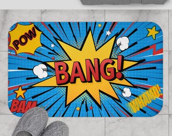 Superhero Comic Book Bath Mat, Kids Bathroom Decor