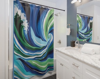 Abstract Wave Shower Curtain, Coastal Blue Green Bathroom Decor