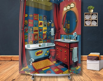 Superhero Comic Book Shower Curtain, Fun Kids Bathroom Decor