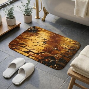 Può includere: Tappetino da bagno rettangolare con un design astratto strutturato nei toni del marrone e dell'oro. Il tappetino è posizionato su un pavimento piastrellato, vicino a pantofole bianche e una vasca da bagno. Il design del tappetino ricorda un motivo a venature del legno.
