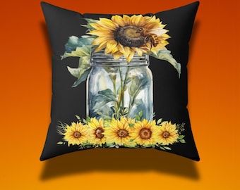 Sunflower Jar Square Pillow, Floral Throw Cushion, Botanical Home Decor