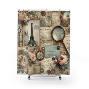 Cortina de ducha de inspiración francesa con postales antiguas y cartas escritas a mano, decoración de baño vintage, diseño de lupa, ducha parisina