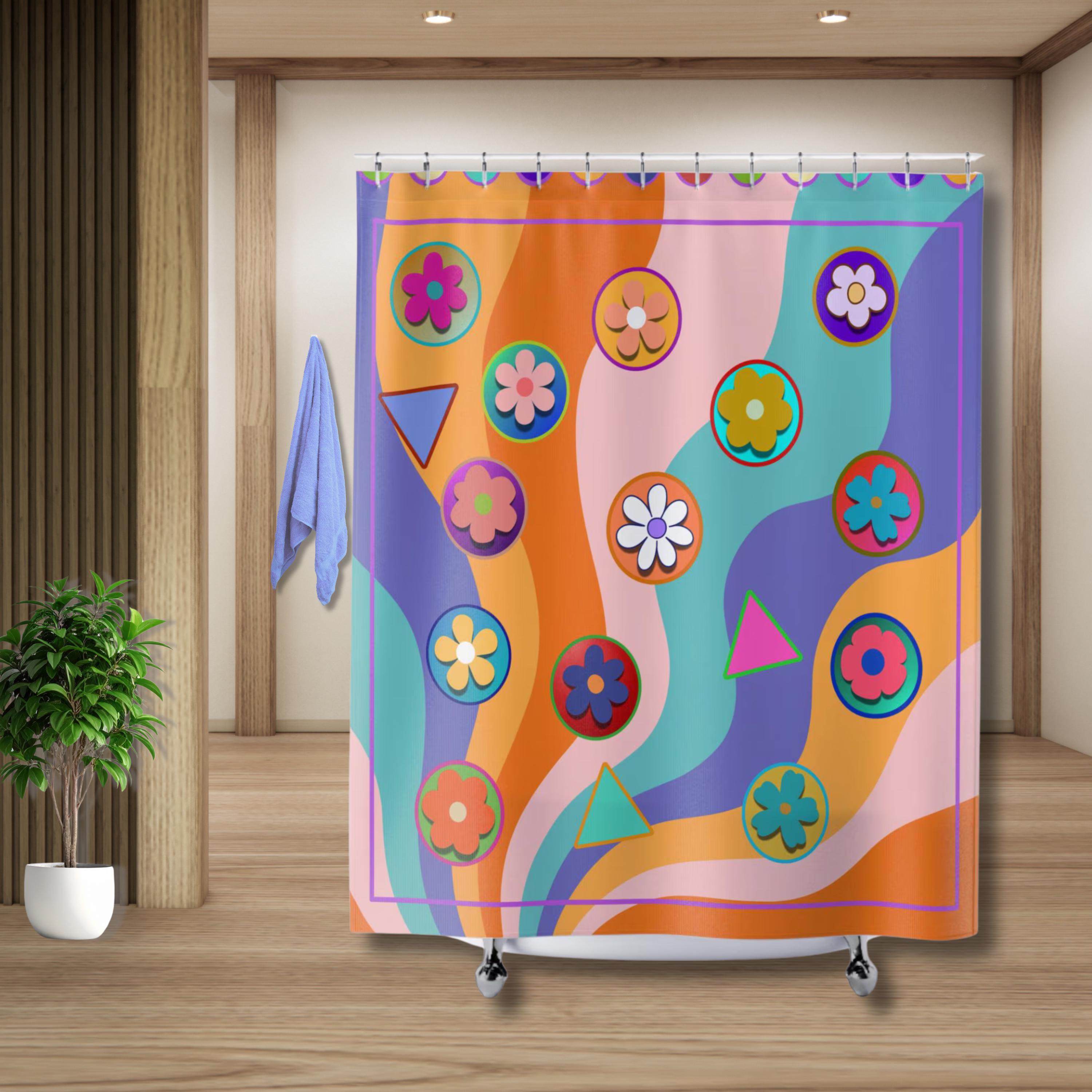 Retro Floral Shower Curtain: Colorful Flower Power Vibes, Dopamine