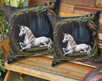 Cojín de ante sintético con diseño de unicornio y bosque de fantasía
