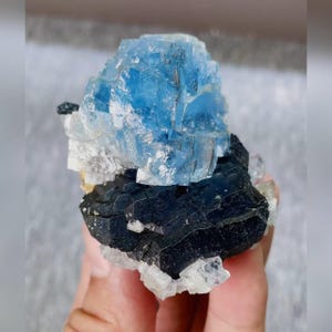 May include: A natural mineral specimen featuring a striking combination of colors and textures. The top portion showcases a vibrant, crystalline blue formation, while the base is a dark, almost black, rough stone. White and clear crystals are also visible.