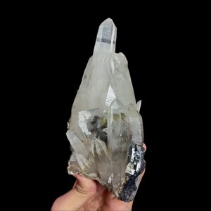 May include: A cluster of clear quartz crystals with multiple points and a rough, gray base. The crystals are translucent, allowing light to pass through, and are set against a black background. The quartz formation is held in a hand.