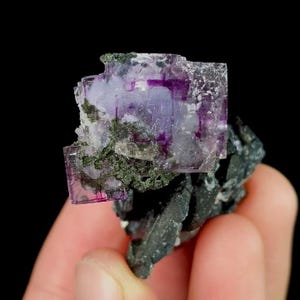 May include: A close-up of a fluorite mineral specimen. The fluorite crystals are a vibrant purple and translucent, with a cubic structure. The base is a dark gray, contrasting with the purple fluorite. Green mineral inclusions are also visible.