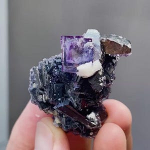 May include: A natural fluorite mineral specimen featuring a vibrant purple cube crystal formation. The specimen displays a mix of dark purple, black, and white crystalline structures, with a metallic sheen. The fluorite is a unique and eye-catching piece.