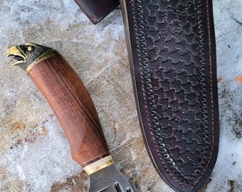 Hand Forged Knife “Feather” 1095 Steel Hunting Knife with Eagle Pommel & Leather Sheath