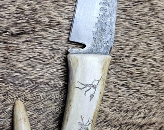 Hand Forged Primitive Hunting Knife – 52100 Steel, Deer Antler Handle, Blackwash Finish, Leather Sheath