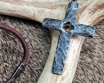 Hand-Forged Medieval-Style Cross Pendant – Blackened Carbon Steel, Leather Cord with Magnetic Clasp