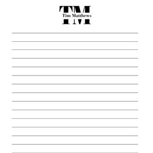May include: A black and white lined notepad with the text "TM Tim Matthews LIVE" at the top and the phone number +123-456-7890 and website www.BUSINESSWEBSITE.COM at the bottom.