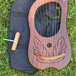 10 Metal String Rosewood Lyre Harp with Hand Engraved Design (Includes Case)