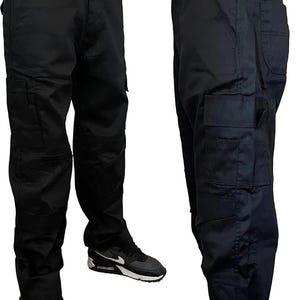 May include: Black cargo pants with multiple pockets and a zippered fly. The pants are shown from the front and side.